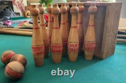 8 Inch Antique Wooden 10 Pin Bowling Game With 3 Balls In Box, Has No Cover