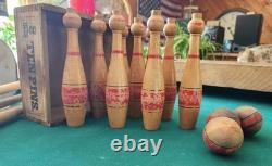 8 Inch Antique Wooden 10 Pin Bowling Game With 3 Balls In Box, Has No Cover