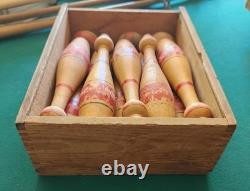 8 Inch Antique Wooden 10 Pin Bowling Game With 3 Balls In Box, Has No Cover