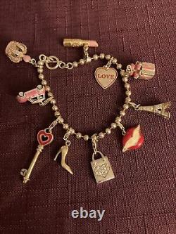 925 RARE Charm Bracelet Pink Red Enamel LOVE Lipstick Eiffel Tower Lips Mini Etc