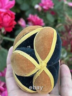 Antique Amish Sewing Ball 1/2 Pin Cushion Black Yellow Brown Half Puzzle Ball