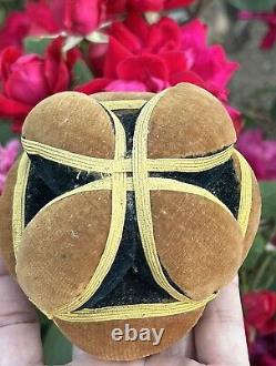 Antique Amish Sewing Ball 1/2 Pin Cushion Black Yellow Brown Half Puzzle Ball