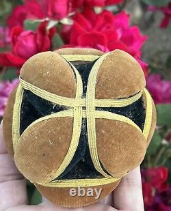 Antique Amish Sewing Ball 1/2 Pin Cushion Black Yellow Brown Half Puzzle Ball