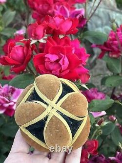 Antique Amish Sewing Ball 1/2 Pin Cushion Black Yellow Brown Half Puzzle Ball