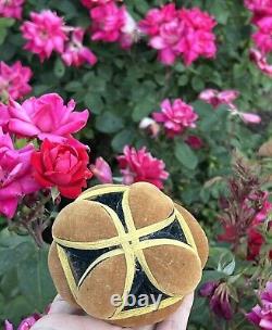 Antique Amish Sewing Ball 1/2 Pin Cushion Black Yellow Brown Half Puzzle Ball