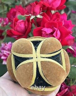 Antique Amish Sewing Ball 1/2 Pin Cushion Black Yellow Brown Half Puzzle Ball