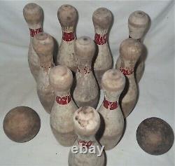 Antique Circus Carnival Park Yard Home Art Ten Pin Wood Bowling Ball Toy Game Us