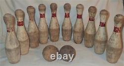 Antique Circus Carnival Park Yard Home Art Ten Pin Wood Bowling Ball Toy Game Us