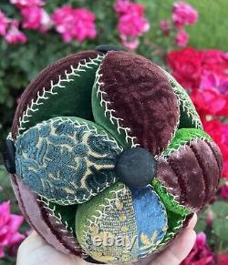 Antique Early Amish Sewing Ball Pin Cushion Multi Color Puzzle Ball Oversized