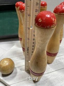 Antique Skittles Tabletop Bowling Game Set, Six Wooden Pins & 1 Ball / Box