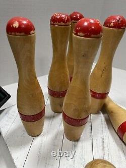 Antique Skittles Tabletop Bowling Game Set, Six Wooden Pins & 1 Ball / Box