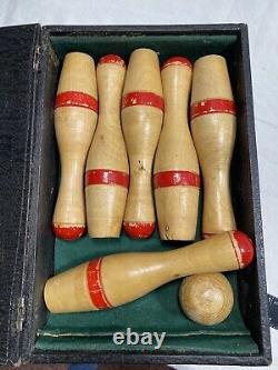 Antique Skittles Tabletop Bowling Game Set, Six Wooden Pins & 1 Ball / Box