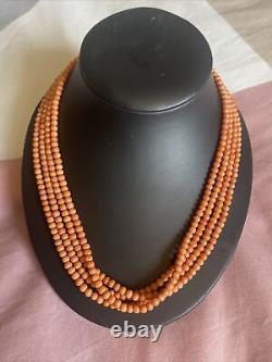 Antique Victorian Genuine 4mm Coral Bead 1837-1901 4 Strand Necklace 18in