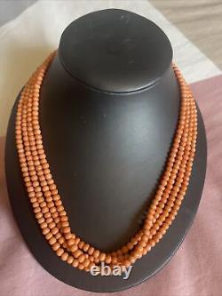 Antique Victorian Genuine 4mm Coral Bead 1837-1901 4 Strand Necklace 18in