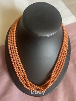 Antique Victorian Genuine 4mm Coral Bead 1837-1901 4 Strand Necklace 18in