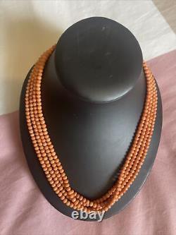 Antique Victorian Genuine 4mm Coral Bead 1837-1901 4 Strand Necklace 18in