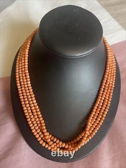 Antique Victorian Genuine 4mm Coral Bead 1837-1901 4 Strand Necklace 18in