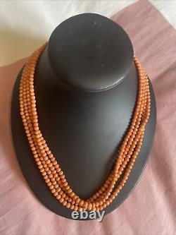 Antique Victorian Genuine 4mm Coral Bead 1837-1901 4 Strand Necklace 18in