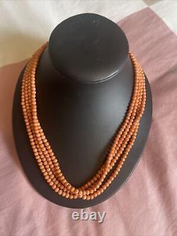 Antique Victorian Genuine 4mm Coral Bead 1837-1901 4 Strand Necklace 18in