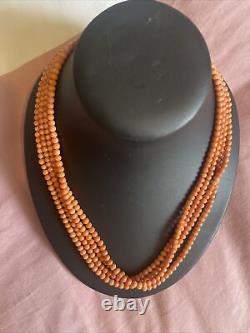 Antique Victorian Genuine 4mm Coral Bead 1837-1901 4 Strand Necklace 18in