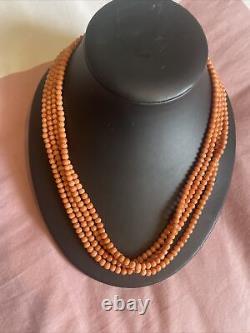 Antique Victorian Genuine 4mm Coral Bead 1837-1901 4 Strand Necklace 18in