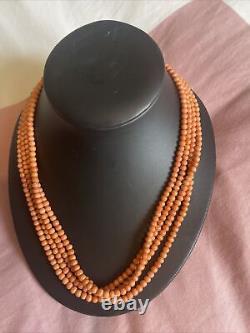 Antique Victorian Genuine 4mm Coral Bead 1837-1901 4 Strand Necklace 18in