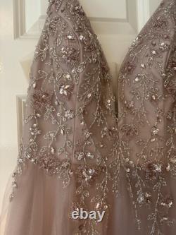 Dusty Light Pink Rose Sequin Beaded Floral Mesh Prom Dress Size 10