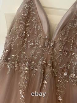 Dusty Light Pink Rose Sequin Beaded Floral Mesh Prom Dress Size 10