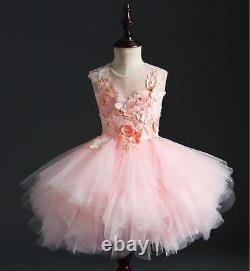 Girl Wedding Party Flower Dresses Pink Tulle Trailing Princess Gown Beaded Gown
