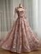 Luxury Pink Floral Embroidered Ball Gown Sequined Long Sleeve Prom Evening Dress