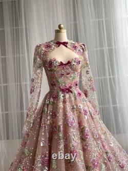 Luxury Pink Floral Embroidered Ball Gown Sequined Long Sleeve Prom Evening Dress