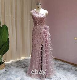 One Shoulder Feathered Embellished Party Wedding Evening Gown dress prom 10 UK