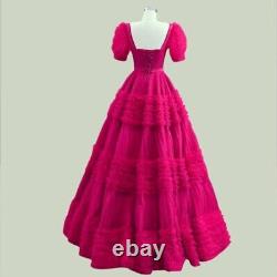 Pink Ball Gown Women Tulle Party Dress Square Neck Bright Pink Red Tutu Long
