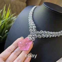 Pink Doublet Stone Necklace Set with Earrings White Gold Plated Jewelry Set