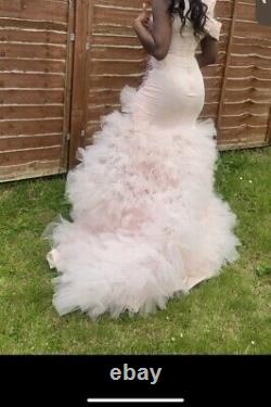 Prom dress size 8 pink Rhinestone Tulle Trail Pink Beaded Sleeve Wedding