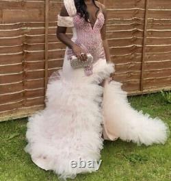 Prom dress size 8 pink Rhinestone Tulle Trail Pink Beaded Sleeve Wedding