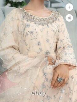 Rafia Khas Pakistani Designer Peach Long Dress Wedding party Kameez