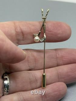 Solid 9ct Gold GOLFING stick pin Diamond Pearl Golf Ball full Hallmark 1.6g