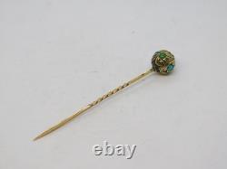 Victorian 15ct Yellow Gold & Turquoise Set Ball Form Stick Pin Antique c1860