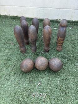 Victorian /Edwardian Pub Skittles Set 9 Wooden Pins 3 Balls Antique Tavern Game