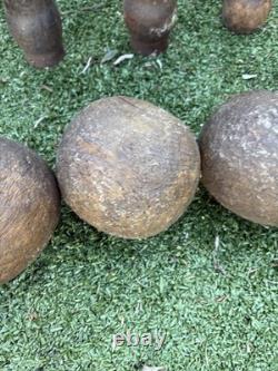 Victorian /Edwardian Pub Skittles Set 9 Wooden Pins 3 Balls Antique Tavern Game