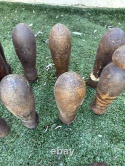 Victorian /Edwardian Pub Skittles Set 9 Wooden Pins 3 Balls Antique Tavern Game