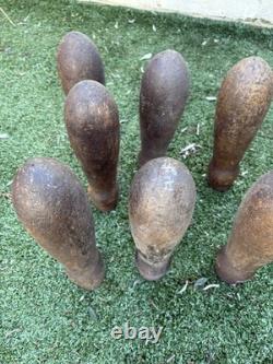 Victorian /Edwardian Pub Skittles Set 9 Wooden Pins 3 Balls Antique Tavern Game