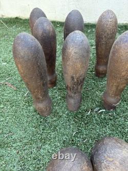 Victorian /Edwardian Pub Skittles Set 9 Wooden Pins 3 Balls Antique Tavern Game