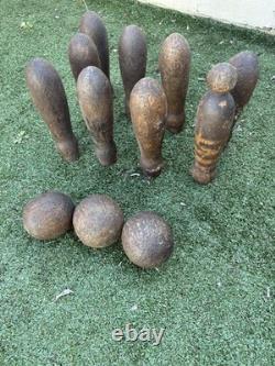 Victorian /Edwardian Pub Skittles Set 9 Wooden Pins 3 Balls Antique Tavern Game