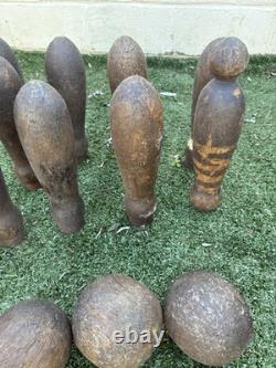 Victorian /Edwardian Pub Skittles Set 9 Wooden Pins 3 Balls Antique Tavern Game