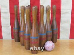 Vintage 1900s Antique Bowling Wood Skittles/Duck Pins Game Ten Pins 8.5 withBall