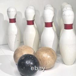 Vintage Duck Pin Bowling Set of 10 Pins & 3 original Wood Duck Pin Bowling Balls