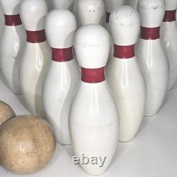 Vintage Duck Pin Bowling Set of 10 Pins & 3 original Wood Duck Pin Bowling Balls