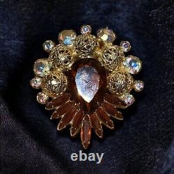 Vintage JULIANA Topaz Pear & Navette / AB Rhinestone Filigree Orb Brooch Pin